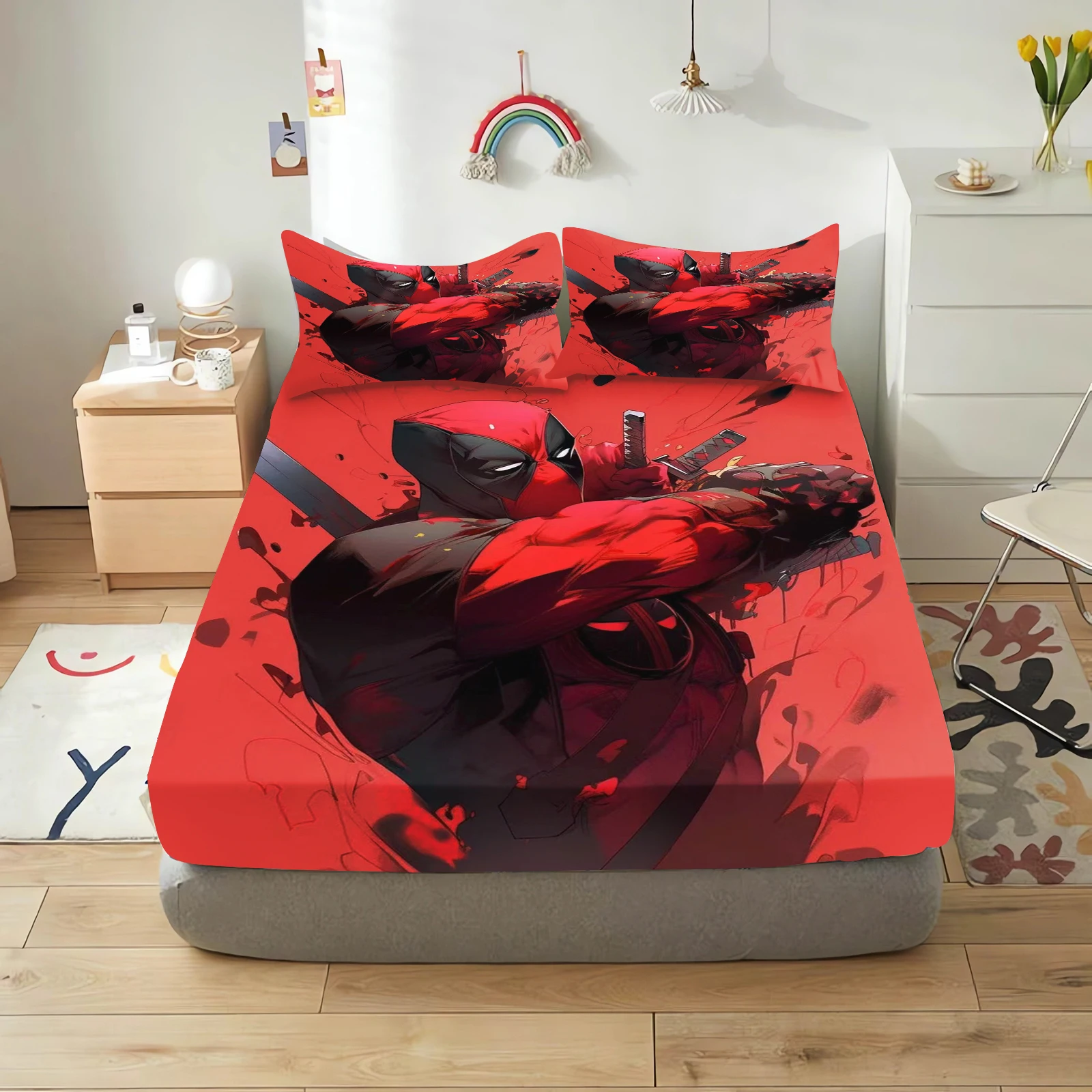 deadpool and wolverine cartoon fitted sheets anime printing children's bedroom pillowcase set polyester adult gift bedding deadpool and wolverine cartoon fitted sheets anime printing children's bedroom pillowcase set polyester adult gift bedding