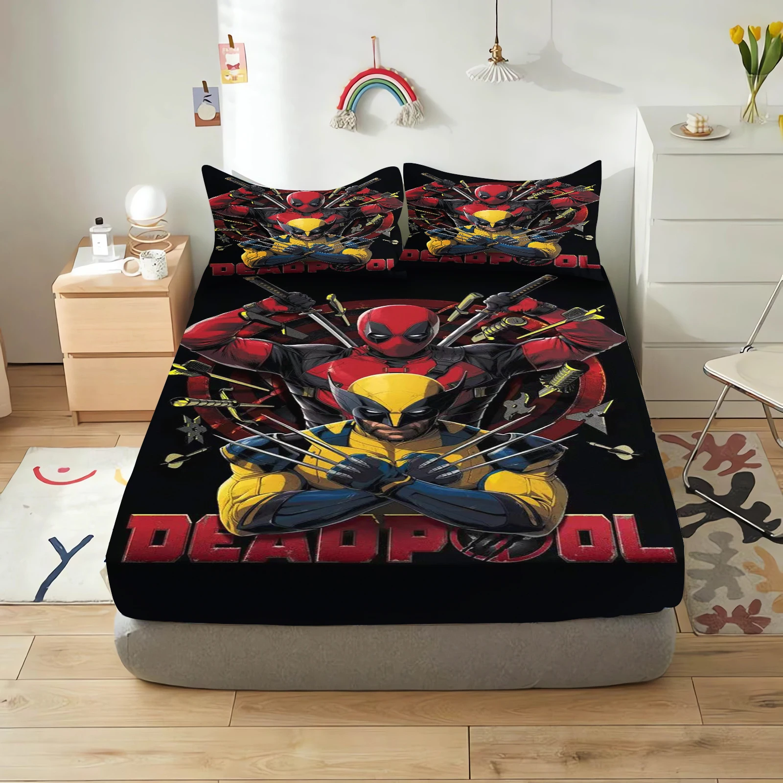 deadpool and wolverine cartoon fitted sheets anime printing children's bedroom pillowcase set polyester adult gift bedding deadpool and wolverine cartoon fitted sheets anime printing children's bedroom pillowcase set polyester adult gift bedding