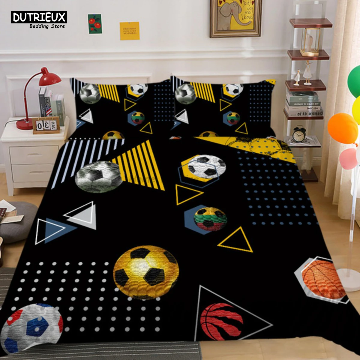 white black football themed bedding set with soccer duvet cover, ideal for boys & teens great gift option white black football themed bedding set with soccer duvet cover, ideal for boys & teens great gift option