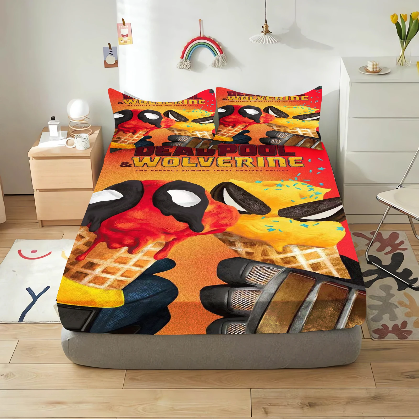 deadpool and wolverine cartoon fitted sheets anime printing children's bedroom pillowcase set polyester adult gift bedding deadpool and wolverine cartoon fitted sheets anime printing children's bedroom pillowcase set polyester adult gift bedding