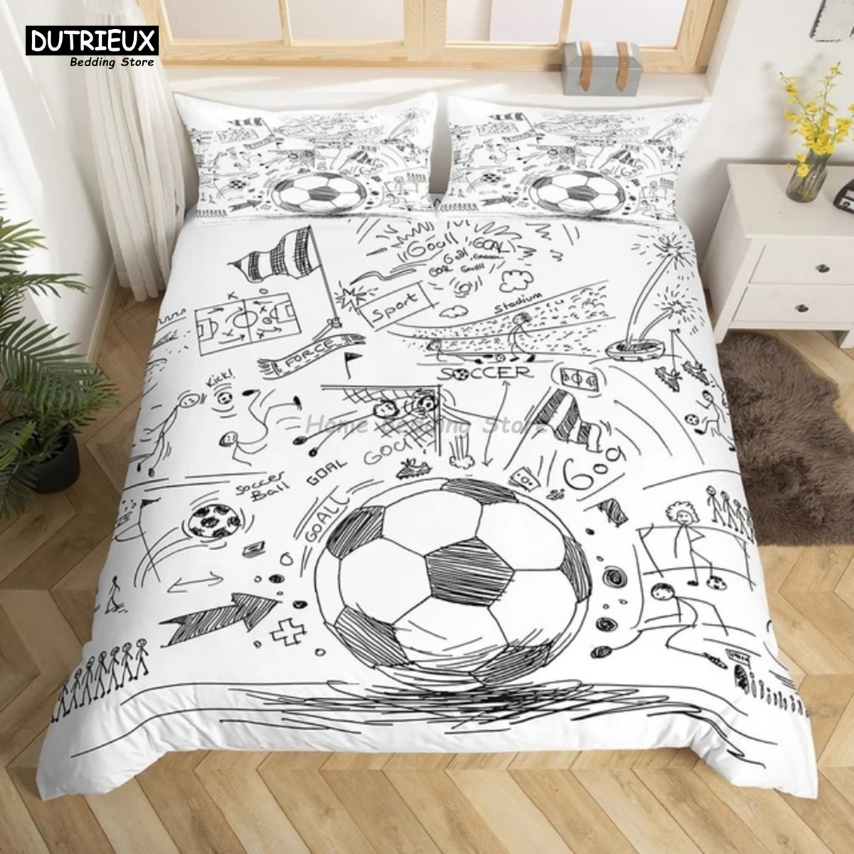 white black football themed bedding set with soccer duvet cover, ideal for boys & teens great gift option white black football themed bedding set with soccer duvet cover, ideal for boys & teens great gift option