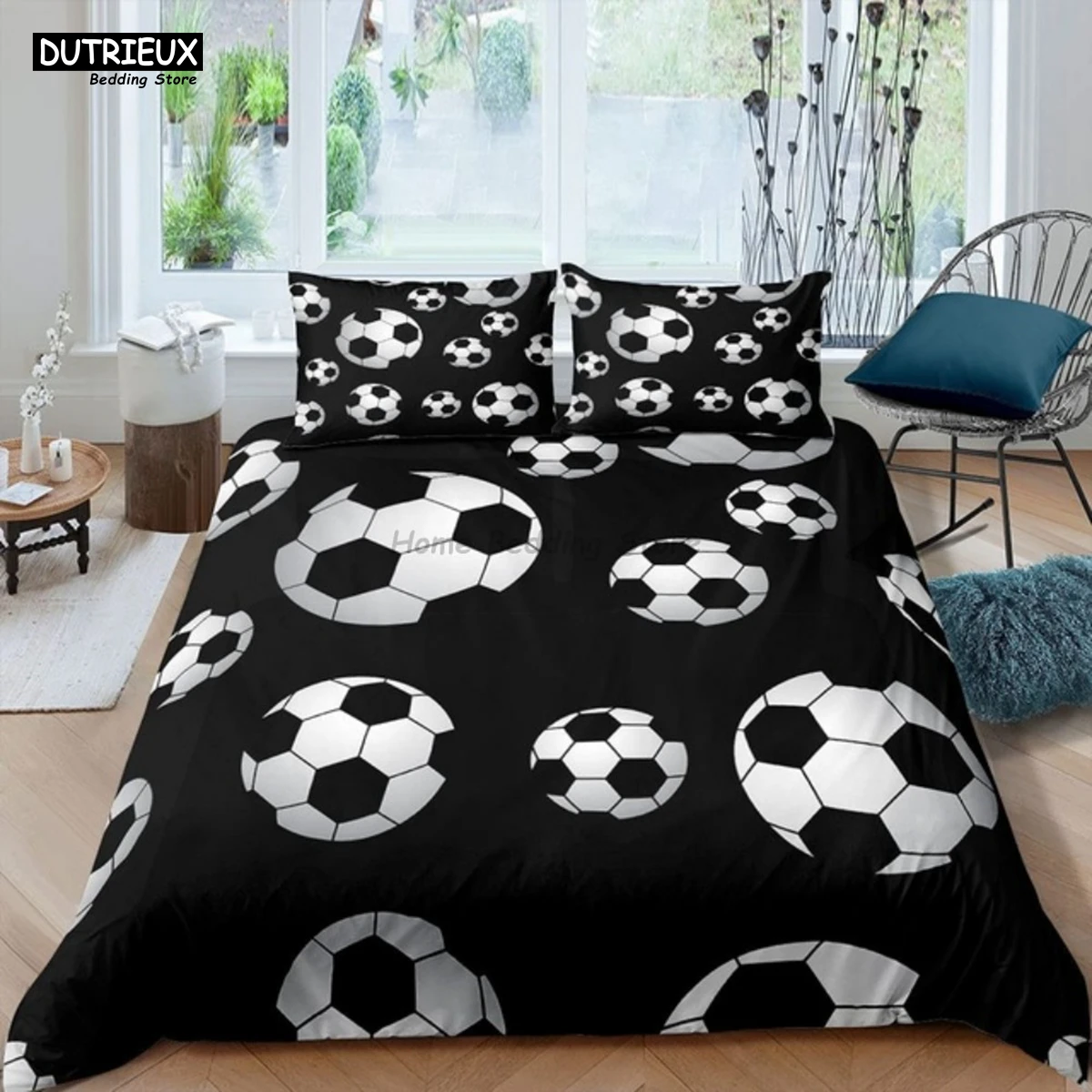 white black football themed bedding set with soccer duvet cover, ideal for boys & teens great gift option white black football themed bedding set with soccer duvet cover, ideal for boys & teens great gift option