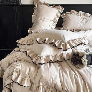 Beige Black Trim Ruffle Bedding Bundle