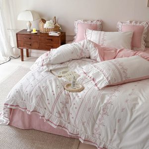 Embroidered French Lace Ruffle Bedding Bundle / Pink