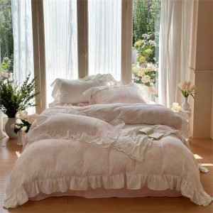 French Pink White Floral Ruffle Bedding Bundle