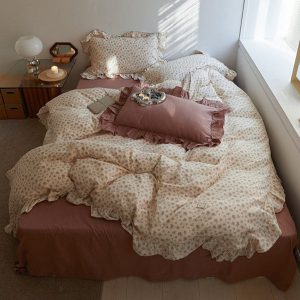 French Floral Earth Tone Double Layer Ruffle Bedding Bundle