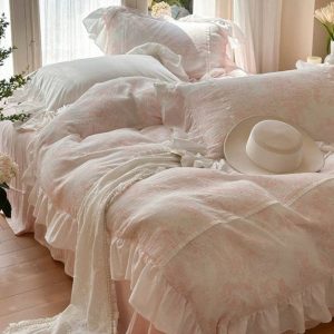 french pink white floral ruffle bedding bundle